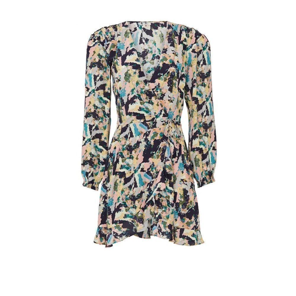 IRO Women's Bloomy Wrap Ruffle Trim Abstract Satin Mini Dress Watercolor 44 - Picture 8 of 8